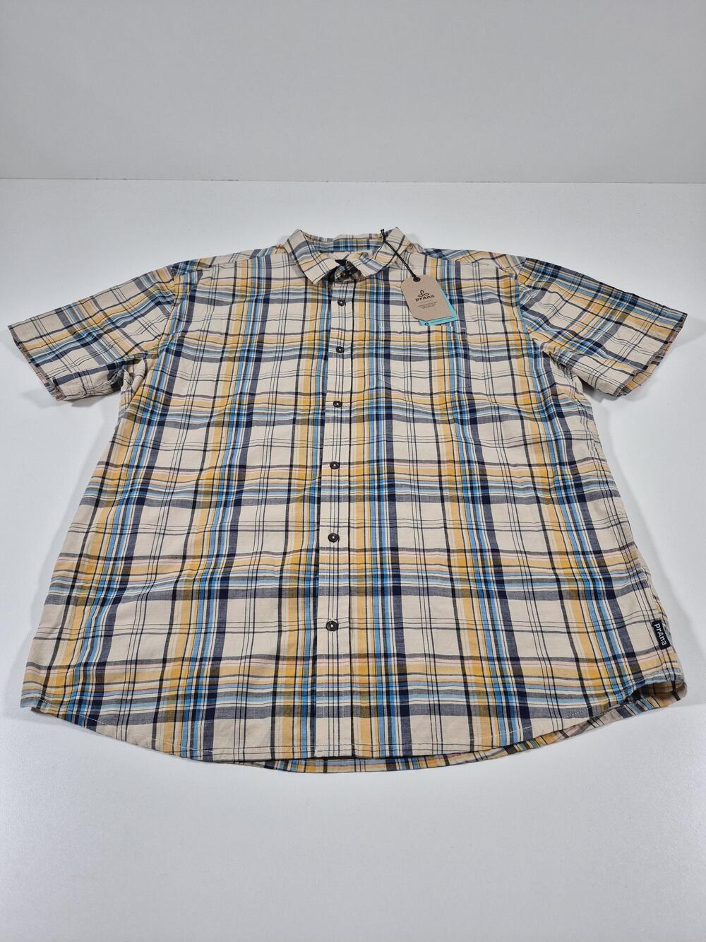 PrAna Shirt Mens 2XL Beige Plaid Benton Short Sleeve Button Up Organic Cotton